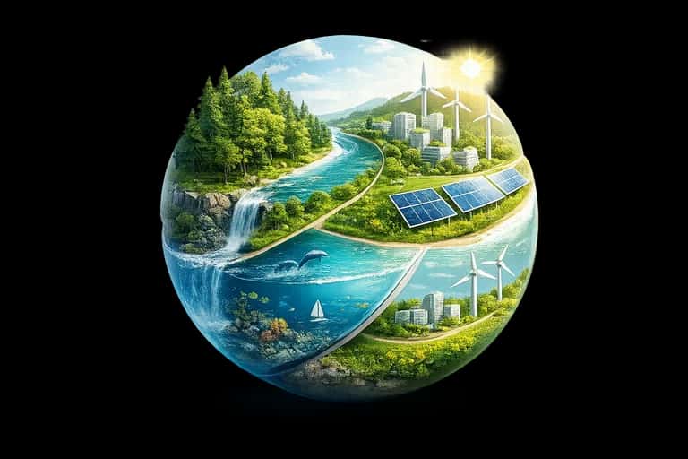 Ilustração de cidade e natureza integradas